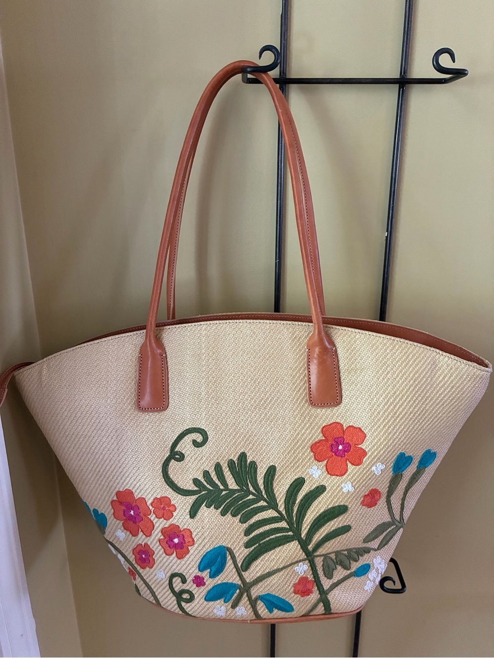 Embroidered Floral Straw Tote with Brown Handles